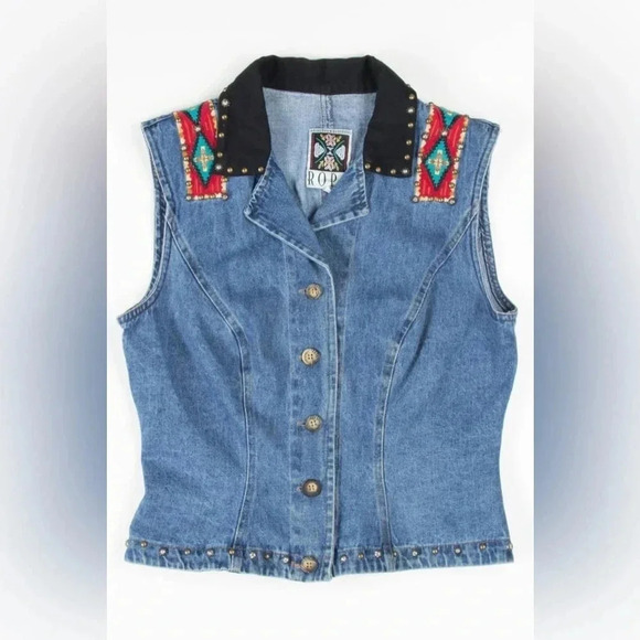 Hairston Roberson Ropa | Vintage Denim Studded Embroidered  Vest | Size S - Picture 3 of 10